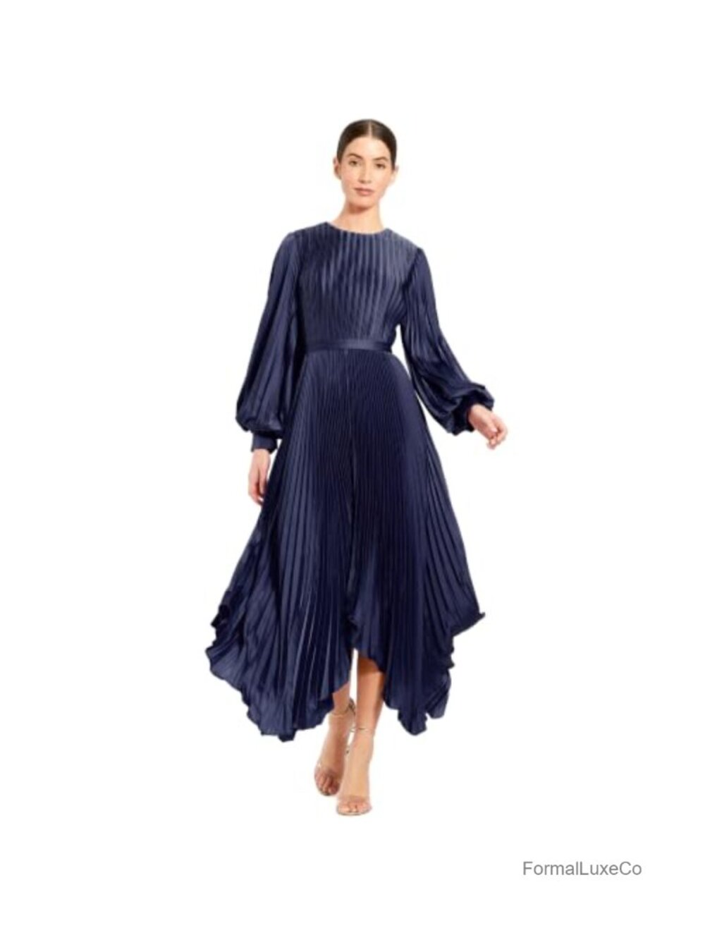 Pleated Charmeuse Handkerchief Hem Midi Dress High Neck Long Sleeve